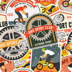Fototapeta premium Set of Mountain biking seamless pattern or background with patch, sticker. Vector illustration. Concept for shirt or logo, print, stamp or tee. Wallpaper design with man riding bike and mountain
