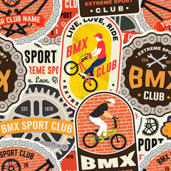 Fototapeta premium Set of Mountain biking seamless pattern or background with patch, sticker. Vector illustration. Concept for shirt or logo, print, stamp or tee. Wallpaper design with man riding bike and mountain