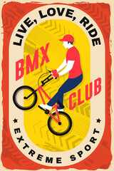 Fototapeta premium Bmx extreme sport club poster, banner, magazine template. Vector. Concept for shirt, logo, print, stamp, tee with man ride on a sport bicycle. Vintage typography design with bmx cyclist silhouette.