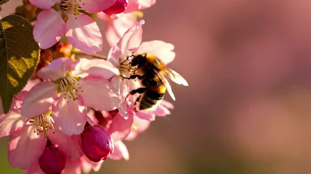 A busy bumblebee or honeybee diligently collecting nectar and pollen from a cluster of vibrant spring blossoms, captured in slow motion with sharp focus on its fuzzy body and wings.