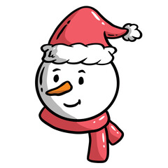 Illustration of a snowman character with a Christmas hat and scarf around his neck. Great for stickers, logos, and children's clothing designs.