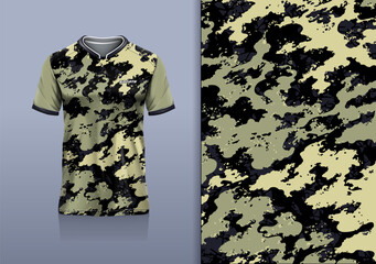 T-shirt mockup with abstract camouflage pattern jersey design for football, soccer, racing, esports, running, in black cream color