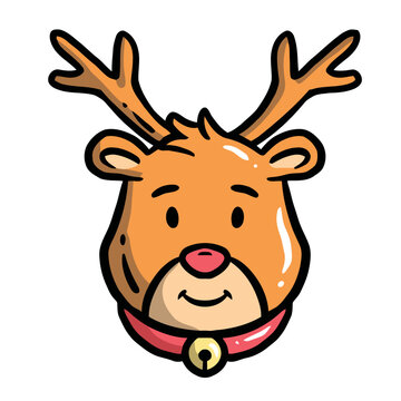 Illustration of a deer character with a bell around its neck and a happy smiling expression. Great for logos and stickers.