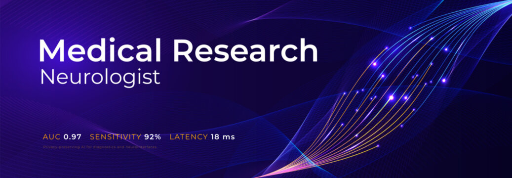 Medical Research Background Neural Science Abstract Digital Medical Transformation Layout, Neuronal Connection Waving Blue Lines Glowing. Innovate Scientific Researching Concept. Vector Illustration