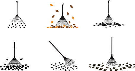 Leaves Removal Silhouette set. A collection of illustrations featuring rakes and falling leaves, showcasing seasonal yard work and the process of gathering leaves.