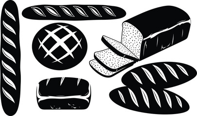 Collection of hand drawn loaves and baguettes in black and white sketch style