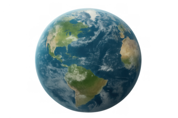 Earth planet with visible continents and clouds, symbolizing global communication, international business, climate change, and ecology
