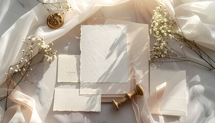Top-down flat lay of a complete wedding invitation suite mockup, with deckle edge paper, wax seal, ribbon, and baby's breath