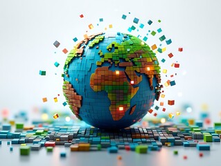 Pixelated earth globe exploding into colorful digital data cubes