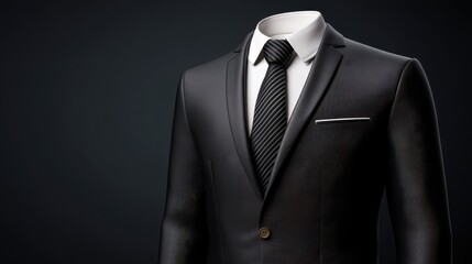 Classic black suit and tie composition on dark background, luxury formal wear scene