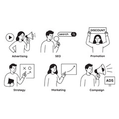 Set of people vector illustrations in various activities of advertising, seo, promotion, strategy, marketing, campaign vector 