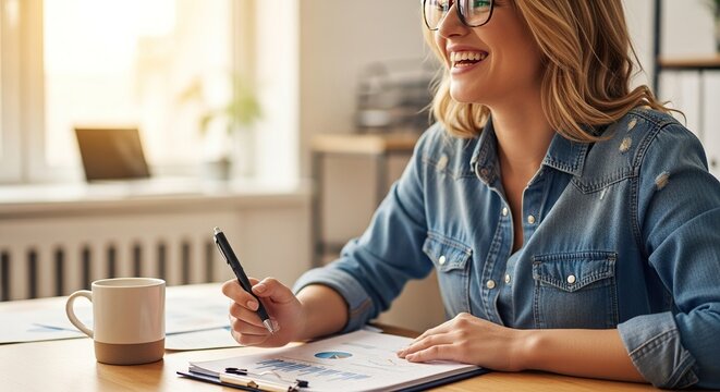 A smiling woman with glasses wearing a denim shirt, working at a desk with a laptop and coffee, focused on her task