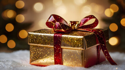 Golden Christmas Gift Box with Red Ribbon