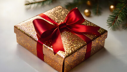 Golden Christmas Gift Box with Red Ribbon
