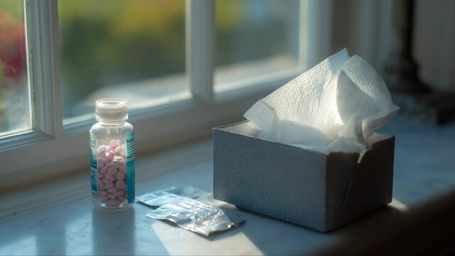 Close-up view of a medicine bottle and tissue box on a windowsill, showcasing soft natural light and textures, camera slowly zooms in to highlight details and ambiance
