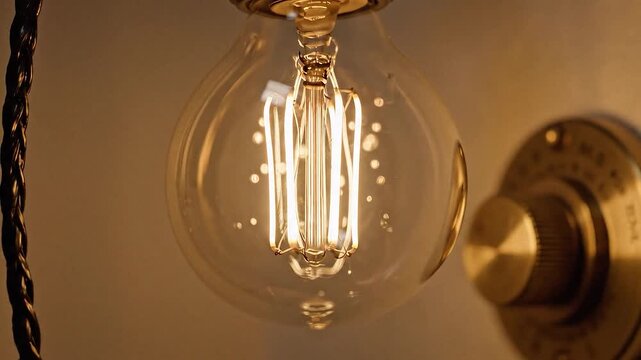 Closeup of a hand turning on a vintage Edison light bulb with a dimmer switch illuminating the room with a warm glow.