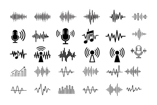Podcast sound waves. Audio waveforms line icons, sound wave frequency or voice microphone signals. Music, podcast and broadcast, UI and audio branding design.