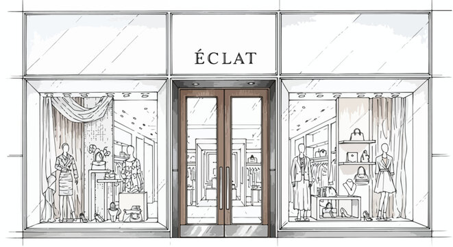 Elegant boutique storefront sketch featuring refined drapery accents, decorative glass doors, and an aesthetically balanced luxury retail entrance.