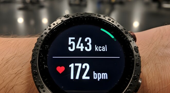 Fitness Smartwatch Displaying Burned Calories and High Heart Rate After Workout