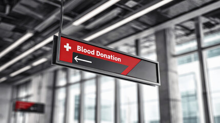 Blood donation center directional sign in modern medical facility interior.