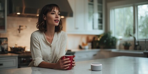 Woman holding a cup talks to a smart speaker on the kitchen counter. Concept of smart home and voice assistant usage in daily life.
