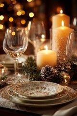 Naklejka premium Rustic wooden table decorated for Christmas dinner, with candles, pine branches and elegant place settings. Celebration and tradition.