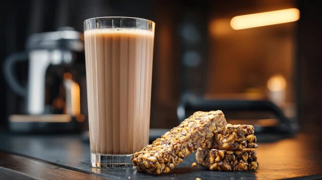 Refreshing beverage in a tall glass accompanied by crunchy snack bars on a wooden table, showcasing a cozy kitchen scene with warm lighting, camera pans slightly