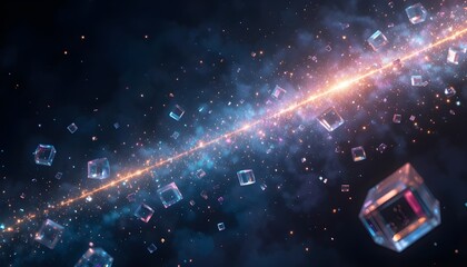  A diagonal flow of floating glass prisms gently drifting through a deep cosmic haze, each prism splitting radiant multi-color beams into soft refracted pulses, shimmering particles suspended in slow 