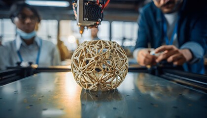 high-resolution close-up of a small, automated 3D-printer nozzle creating a complex, organic, latticed spherical object from beige material