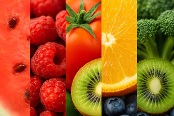 Vibrant collage of fresh fruits and vegetables showcasing a colorful spectrum of healthy food options