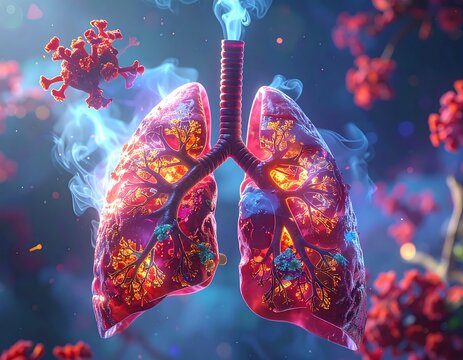 Artistic rendering of human lungs with virus particles in a surreal, medical view - Powered by Adobe