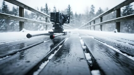 Professional film camera on snowy wooden bridge in winter forest for outdoor production shoot - Powered by Adobe