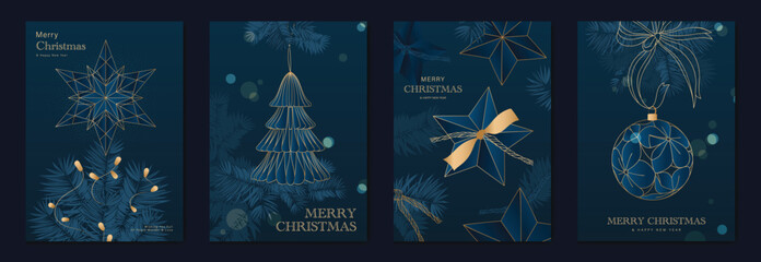 Christmas vector poster set with gold snowflakes, ribbon ornaments, glowing star and abstract tree forms in dark teal — luxury festive design for Christmas cards.