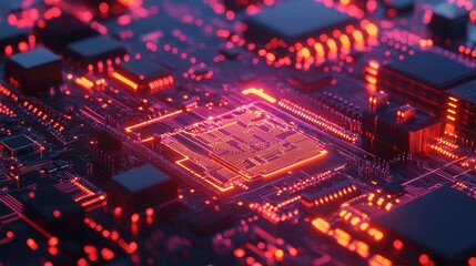 Glowing circuit board processing digital data in cyberspace