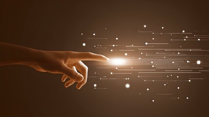 A human hand extends, its fingertip pointing towards bright glowing lines and small illuminated dots, creating a sense of connectivity and digital interaction against a dark brown backdrop.