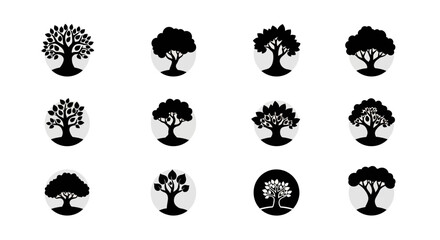 Obraz premium Diverse collection of stylized tree icons symbolizing growth, nature, and life, perfect for branding and design projects