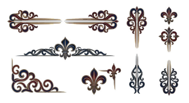 Elegant decorative flourishes and fleur de lis elements for sophisticated design projects and timeless invitations, adding a touch of regal charm.