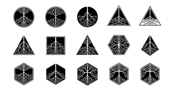 Stunning collection of modern tree root logos and icons symbolizing growth, nature, and interconnectedness for branding and design projects