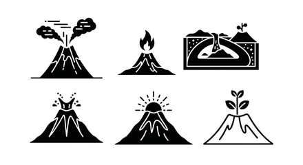 Dynamic volcano icons depict eruption, lava flow, and geological processes for educational or scientific presentations