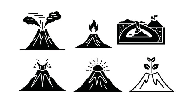 Dynamic volcano icons depict eruption, lava flow, and geological processes for educational or scientific presentations