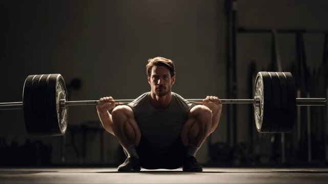 Athletic man performing a squat with heavy barbell in a dimly lit gym, showcasing strength and determination, camera follows with a smooth dolly movement