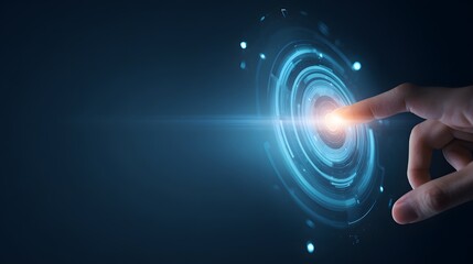 Futuristic glowing digital interface element presented with a hand interacting with its center.
