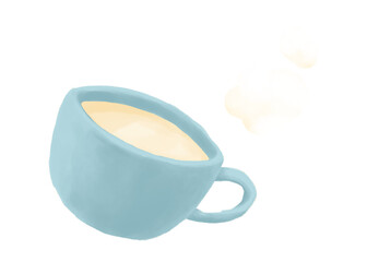 ホットミルク入り水色マグカップと湯気の水彩画