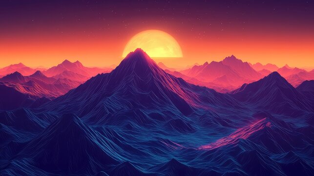 Synthwave mountain landscape with glowing sun and neon sky