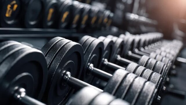 Close-up view of heavy dumbbells lined up in a gym, showcasing texture and detail, with a gradual zoom out revealing the entire weight rack and workout environment