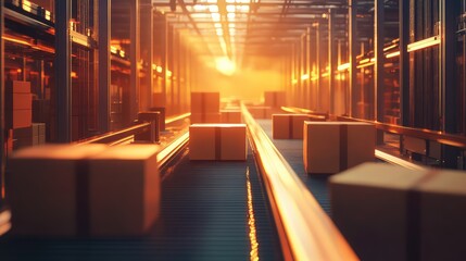 Automatic conveyor belt transporting packages in warehouse logistics center