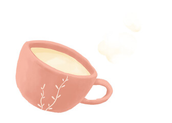 ホットミルク入りマグカップと湯気の水彩画