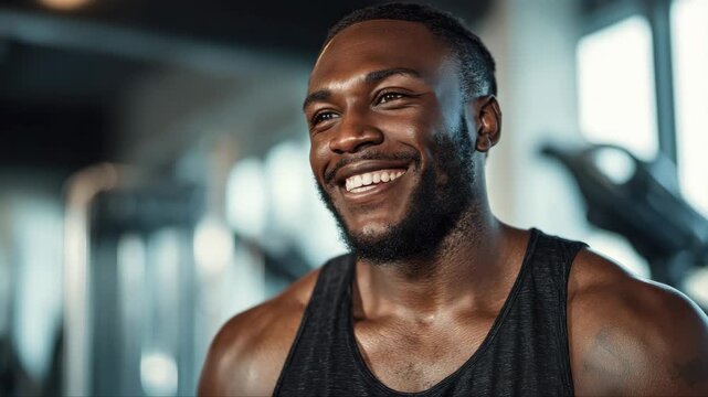 Smiling African American man in gym, showcasing fitness enthusiasm and positive energy, camera gradually zooms in to capture joyful expression and vibrant atmosphere