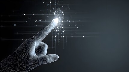 Illuminated fingertip of a digital hand connects with a digital sphere, illustrating a futuristic connection, featuring a dark, atmospheric background and intricate network of dots and lines,...