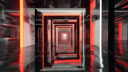 Futuristic tunnel with neon light reflections on wet floor
